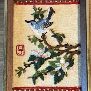 Vintage Embroidery crewel Songbird and Apple blossoms blue jay bird  1980 * READ